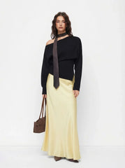 Satin Mid Rise Ruffle Maxi Skirt
